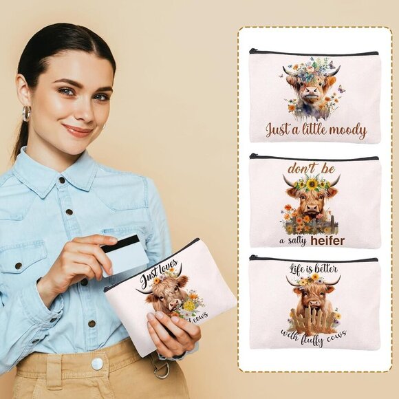 Highland Cow Print Makeup Bag 4PCS Cute Highland Cow Makeup Bags Party Supplies - Picture 6 of 6